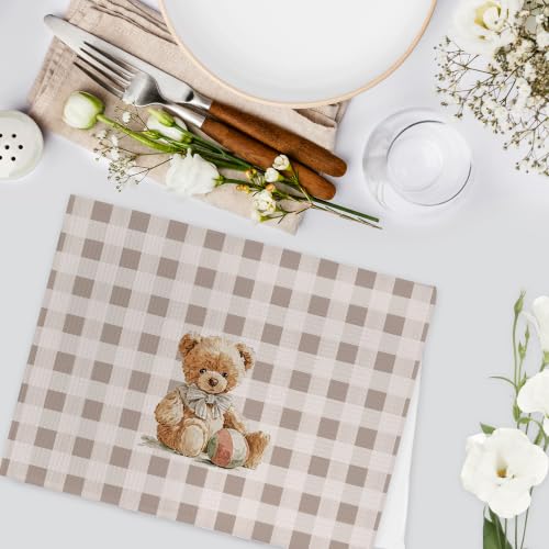Checkered Rustic Bear Nursery Kitchen Towels Set of 2 - Neutral Baby Hand Towels