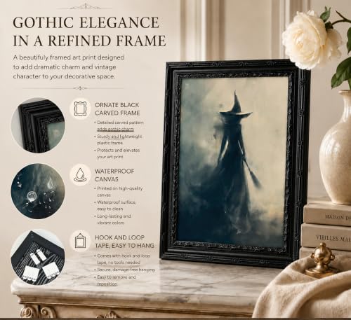 Witch Wall Art - Framed Halloween Moody Gothic Decor - 11"L x 9"W - Black Frame