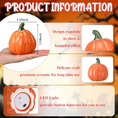 3 Pack Fall Ceramic Light Up Pumpkin Decor - Pumpkin Color, 3.94 x 3.5 Inches