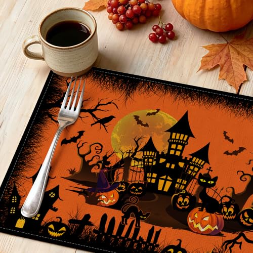 Halloween Placemats Set of 4 - Orange Castle 12x18 Inch Rectangular Table Decor