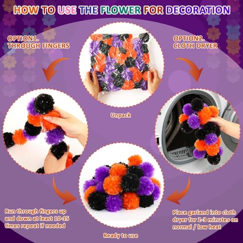 Artificial Marigold Garland 5 Feet - Orange Black Purple Diwali Wedding Decorations, Set of 3