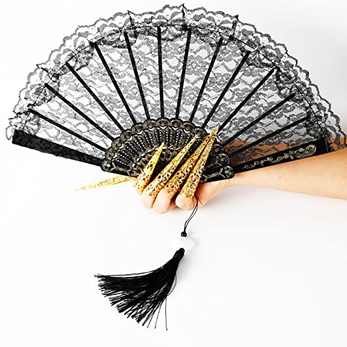 Black Lace Foldable Hand Fan for Wedding Party Dancing Vintage Style - Prebafo