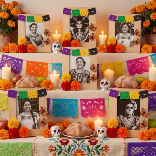 Cute Día de los Muertos Photo Frame Set for Altar - 12 Wooden Frames with Marigold Flowers & Butterflies