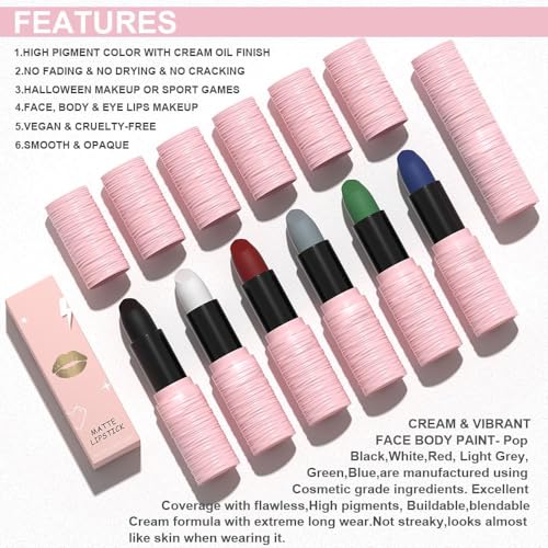 Matte Lipstick Face & Body Paint Set - Waterproof Bold Colors LC02 - Halloween Party Makeup
