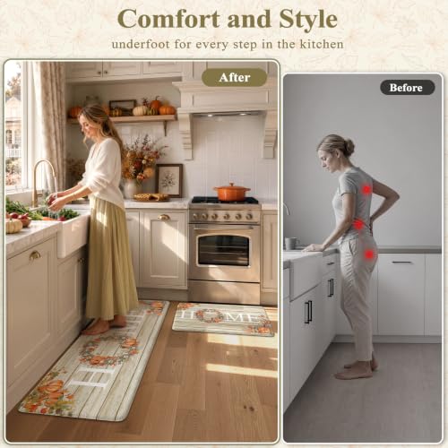 Fall Kitchen Mat Set of 2 - Anti-Fatigue Cushioned Rugs with Pumpkin Pattern, 17.3 x 47 & 17.3 x 29 Inches, Orange
