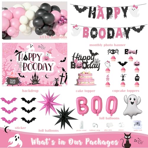 Pink Halloween Birthday Decorations Party Kit with Balloons Banners & Backdrop