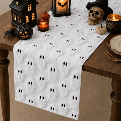 Halloween Table Runner 13x36 Inch Faux Fur Ghost Table Decor for Holiday Dining - White Ghost Variation