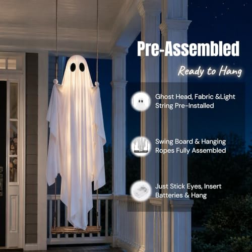 Large Outdoor Hanging Ghost Decoration with Lights - 5FT Spooky Halloween Yard Decor