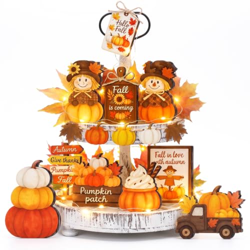 Fall Tiered Tray Decoration Set with Wooden Signs and String Lights - 18 Pieces
