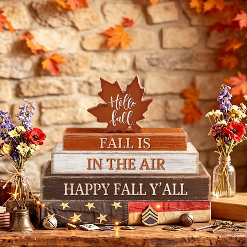 Fall Wooden Maple Leaf Decor Set - Rustic Autumn Home & Kitchen Accent - 4 Pieces Hello Fall Variation