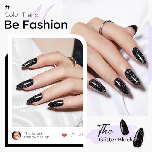 Modelones Black Glitter Press-On Nails Short Almond 32Pcs - Variation A7-Black