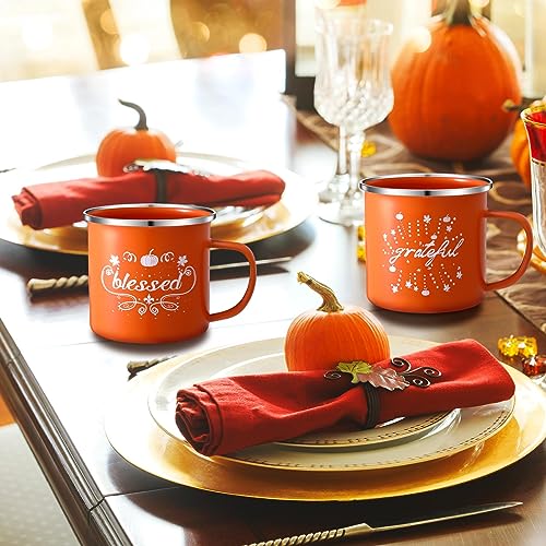 Enamel Pumpkin Coffee Mugs Set - 16 oz Fall Autumn Thanksgiving Holiday