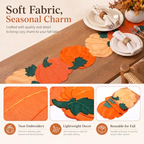 Fall Pumpkin Embroidered Table Runner, Autumn Decor for Thanksgiving & Halloween