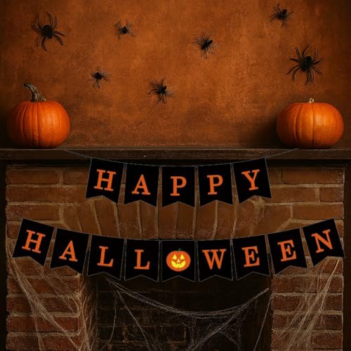 Halloween Banner Garland with Pumpkin Sign - Party Decorations, Reusable Cardstock Bunting
