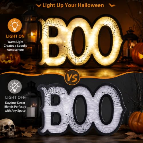 Light Up Halloween BOO Sign with Spiderweb Pattern - Wooden Indoor Decor