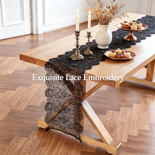 Black Lace Table Runner 14 x 120 Inch Floral Embroidered Fabric Decoration - Variation 10