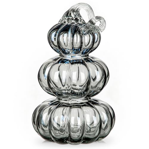 Black Medium Stacked Glass Pumpkin Decor - Fall Halloween Table Centerpiece