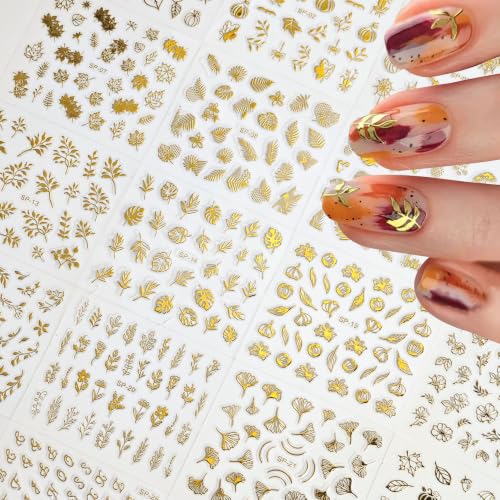 Gold Nail Art Stickers Decals Set - Style-13, 30 Sheets Self-Adhesive Flower & Leaf Designs for Nails