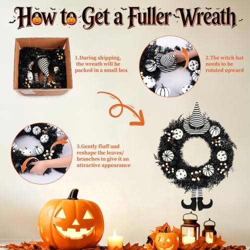 Halloween Wreath with Striped Hat and Legs - 22 Inch Gothic Front Door Decor (Variation: Hat Legs / 22")