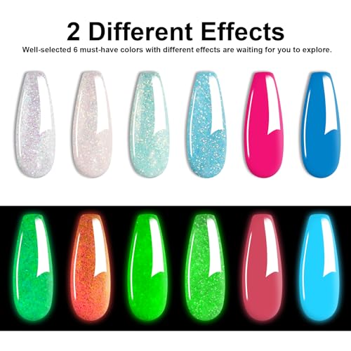 Glow in Dark Dip Powder Nail Set - 6 Colors, Long-Lasting, No Lamp Needed