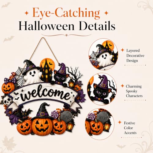 Wooden Halloween Wreath for Front Door Decor - Pumpkin Black Cat Ghost Design