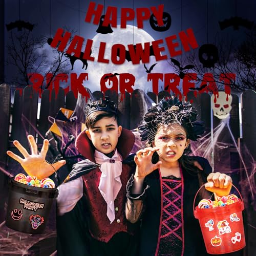 Halloween Candy Buckets Set - 20 Plastic Trick-or-Treat Baskets with Lids, Straws & Stickers