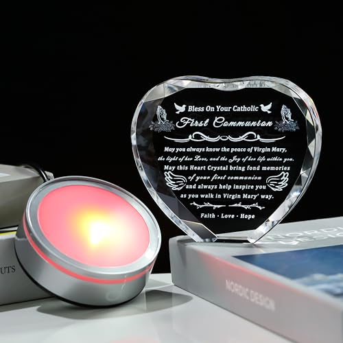 First Communion Gifts for Boys & Girls - 3D Engraved Crystal Praying Boy & Virgin Mary Figurine with Heart Variation