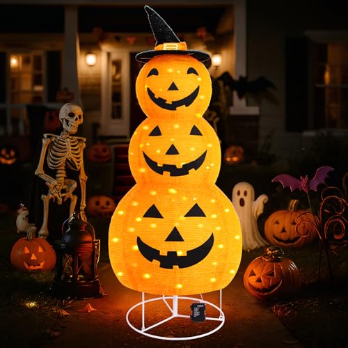 5Ft Collapsible Halloween Pumpkin Decorations with 100 LED & 8 Modes - Battery Operated, Indoor Outdoor Yard Party Fall
