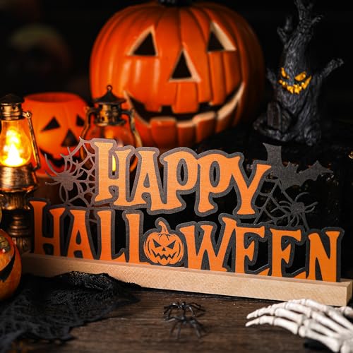 Halloween Metal Table Sign with Wooden Base - 13.78 Inch Halloween Decor - Happy Halloween Sign - Black Letters & Elegant Design - Holiday Centerpiece