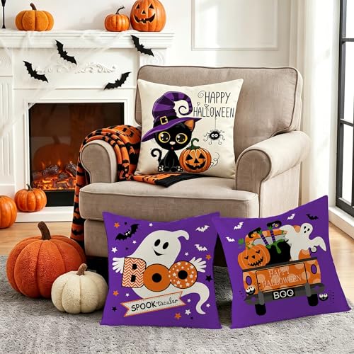 Purple Ghost Cat Halloween Throw Pillow Covers Set of 4 18x18 Style 2