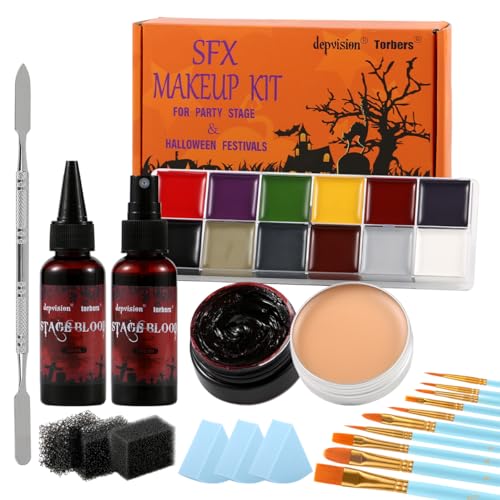 Professional Halloween SFX Makeup Kit with Fake Blood, Scar Wax & Brushes