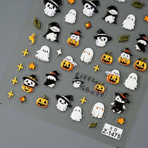 Halloween Nail Stickers Set - Embossed 5D Ghost & Pumpkin Designs, Style 13