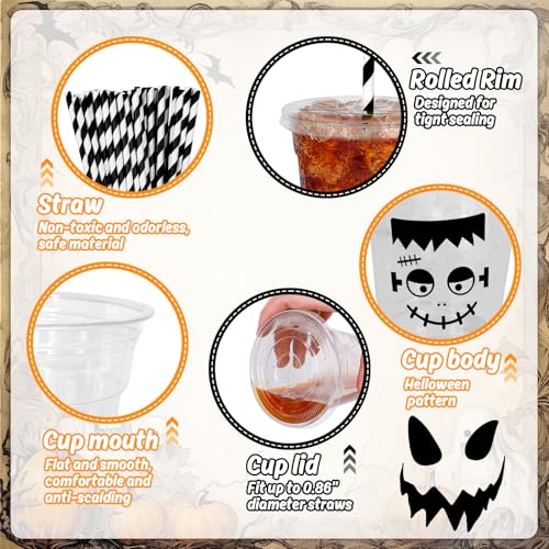 Halloween Face Disposable Plastic Cups with Lids & Straws - 12 oz Party Favors
