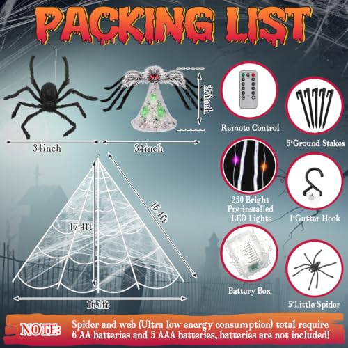 Halloween Spider Web Decoration Set with 2 Animatronic Spiders - Gray-Black, 3 Pieces