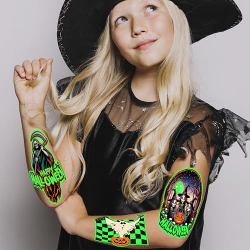Large Glow in the Dark Halloween Temporary Tattoos for Kids - 100 Pack