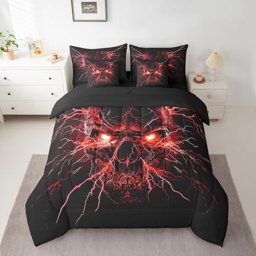 Black Red Gothic Bed in a Bag King Comforter Set 7 Pieces Halloween Skeleton