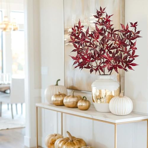 Artificial Maple Leaves Branches 30-Inch Fall Faux Bushes for Thanksgiving Decor - Red
