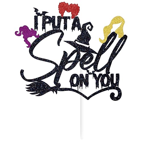 Halloween Witch Spell Cake Topper - Black Glitter Party Decor, 6x8.7 Inches