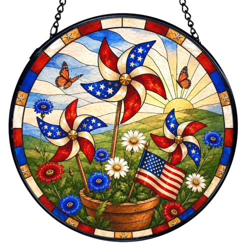 Patriotic Stained Glass Sun Catcher - 7.9 Inch American Flag Window Decor