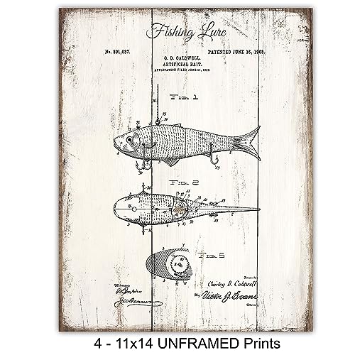 Vintage Fish Patent Prints - 11x14 Rustic Wall Art for Man Cave, Fishing Gift Set of 4
