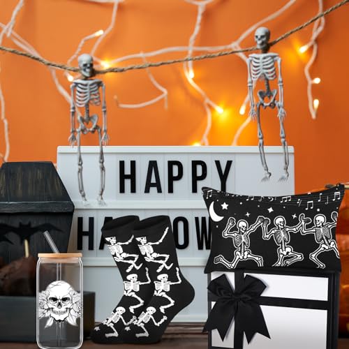 Halloween Spooky Gothic Gift Set with Skeleton Glass Cup Makeup Bag Socks & Gift Box - Gothic Halloween Decor