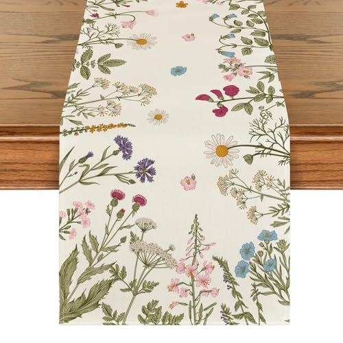 Floral Wildflowers Herb Spring Table Runner - 13x108 Inch Beige Seasonal Decor