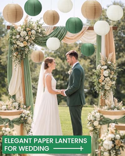48 Pcs Dark Green Paper Lanterns Party Decorations - Round, Reusable, 4 Sizes
