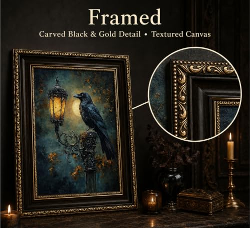 Gothic Black Raven Canvas Wall Art - Framed 16x12 Inches - Dark Decor