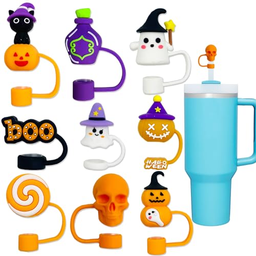 9pcs Halloween Silicone Straw Toppers for 30/40oz Tumblers - Dust-Proof & Reusable