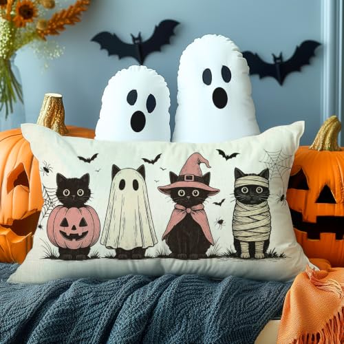 Halloween Pillow Cover 12x20 Black Cats Bats Autumn Decor - Pink & Black Variation