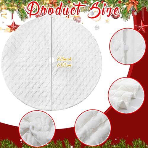 72 Inch Faux Fur White Christmas Tree Skirt for 7.5ft-12ft Trees with Diamond Pattern - Luxury Holiday Decor