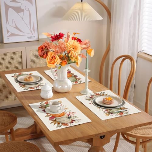 Orange Fall Leaves Pumpkins Placemat Set of 4 - Durable Polyester Table Decor