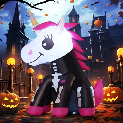 Halloween Inflatable Skeleton Unicorn Decor with LED Lights - 4Ft Pink Yard Decoration