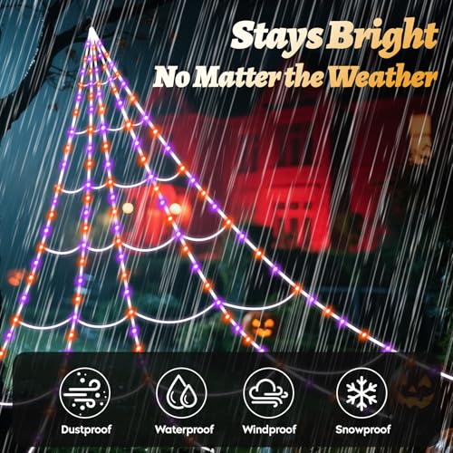 Giant 16ft LED Spider Web Halloween Outdoor Decoration - Waterproof, 8 Modes